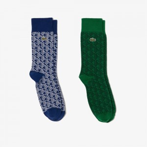 Men's Lacoste 2-Pack Monogram Jacquard Socks Green Navy Blue White | ECH206134