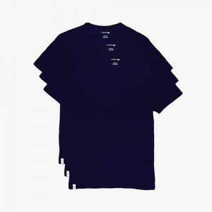 Men's Lacoste 3-Pack Slim Fit V Neck T-Shirt Navy Blue | XCO219708