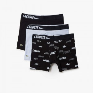 Men's Lacoste 3-Pack Stretch Cotton Print Boxers Briefs Black Light Blue Black | FXZ291073