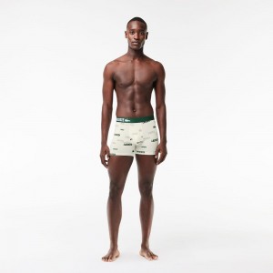 Men's Lacoste 3-Pack Stretch Cotton Print Boxer Briefs White Navy Blue Green | TEQ952401