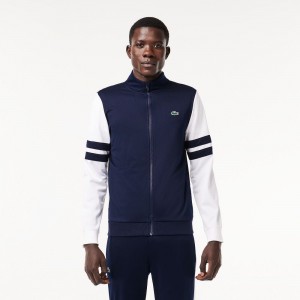 Men's Lacoste Abrasion-Resistant Zip-Up Tennis Sweatshirt Navy Blue White | FME785960