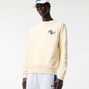 Men's Lacoste Badge Organic Cotton Sweatshirt Cream | YPJ041327