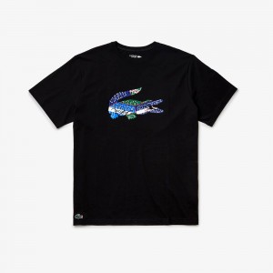 Men's Lacoste Big Fit Branded Sport T-Shirt Black | HGA768095