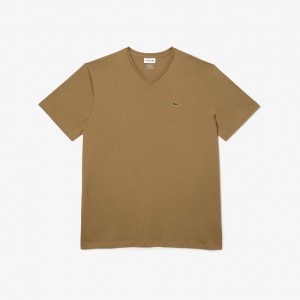 Men's Lacoste Big Fit V-Neck Pima T-Shirt Brown | REI830516