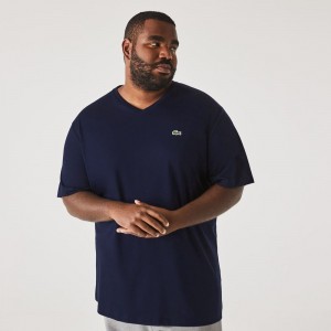 Men's Lacoste Big Fit V-Neck Pima T-Shirt Navy Blue | YFU670358