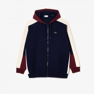 Men's Lacoste Big Fit Zip-Up Hoodie Navy Blue Bordeaux White | UNP786524