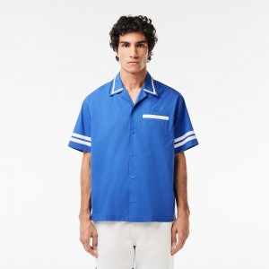 Men's Lacoste Branded Back Cotton Twill Shirt Blue White | URG169245