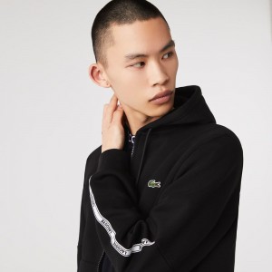 Men's Lacoste Branded Bands Zip-Up Fleece Hoodie Black | KAO964382