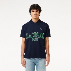 Men's Lacoste Branded Piqué Polo Shirts Navy Blue | OFW641357