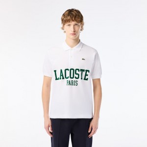 Men's Lacoste Branded Piqué Polo Shirts White | LVD867213