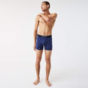 Men's Lacoste Branded Waist Stretch Cotton 3-Pack Boxer Briefs Navy Blue Grey Chine Red | POM153029