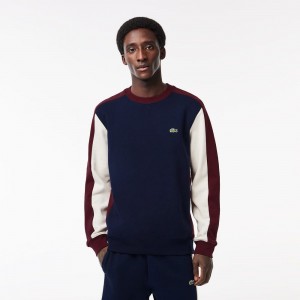 Men's Lacoste Brushed Fleece Colorblock Sweatshirt Navy Blue Bordeaux White | GPZ863529