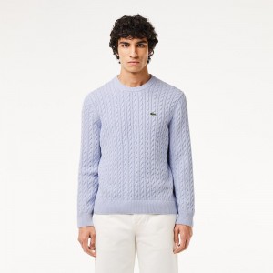 Men's Lacoste Cable Knit Cotton Sweater Light Blue Bordeaux | AWM736192