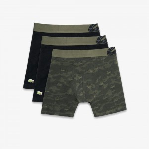 Men's Lacoste Camouflage Print 3-Pack Boxer Briefs Khaki Green Black | BNZ957063