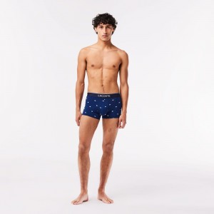 Men's Lacoste Casual Signature 3-Pack Boxer Trunks Navy Blue Grey Chine Red | GAZ345891