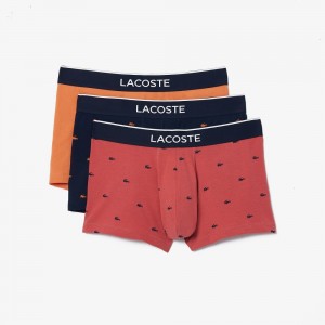 Men's Lacoste Casual Signature 3-Pack Boxer Trunks Pink Navy Blue Orange | RSG170593