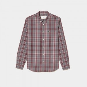 Men's Lacoste Check Print Stretch Shirt Grey Bordeaux | OAM630785