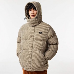 Men's Lacoste Check Print Water-Repellent Twill Padded Jackets Beige Navy Blue White Khaki Green | PYV378654