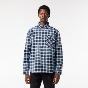 Men's Lacoste Checked Overshirt with Quilted Lining Shirt Navy Blue White | JGT940871