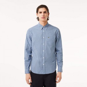 Men's Lacoste Checked Poplin Shirt Blue White | RDP382960