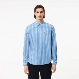 Men's Lacoste Checked Poplin Shirt Blue White | TKG509871