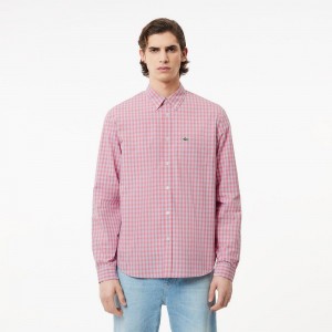 Men's Lacoste Checked Poplin Shirt Pink White | FHG864390