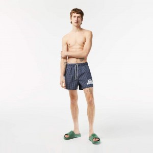 Men's Lacoste Checked Swim Trunks Navy Blue White | GWN546071