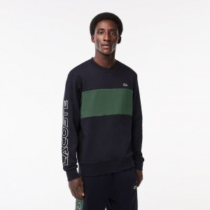 Men's Lacoste Classic Fit 3D Print Colorblock Sweatshirt Navy Blue Dark Green | VKB632049