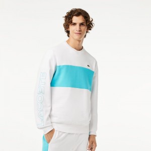 Men's Lacoste Classic Fit 3D Print Colorblock Sweatshirt White Blue | NUD405682