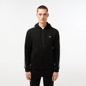 Men's Lacoste Classic Fit Branded Stripes Zip-Up Hoodie Black | VAX023769