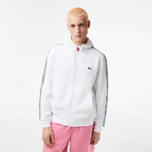 Men's Lacoste Classic Fit Branded Stripes Zip-Up Hoodie White | BMV164058