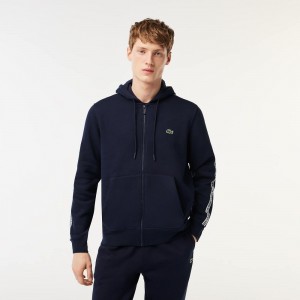 Men's Lacoste Classic Fit Branded Stripes Zip-Up Hoodie Navy Blue | HDZ831265