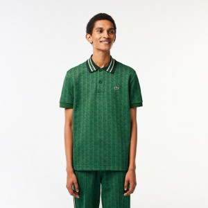 Men's Lacoste Classic Fit Contrast Collar Monogram Polo Shirts Green | GMC652079