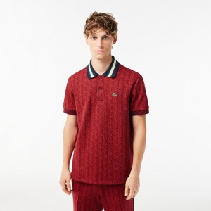 Men's Lacoste Classic Fit Contrast Collar Monogram Polo Shirts Bordeaux Red | YAM620517