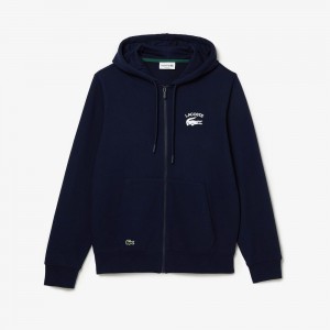 Men's Lacoste Classic Fit Hooded Zip-Up Sweatshirt Navy Blue | ISA495728