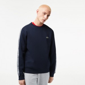 Men's Lacoste Classic Fit Logo Stripe Flannel Sweatshirt Navy Blue | RCT348601