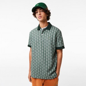 Men's Lacoste Classic Fit Monogram Print Polo Shirts Green Beige | GBM932784