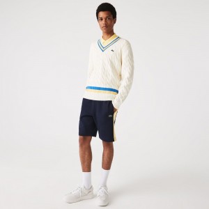 Men's Lacoste Colorblock Brushed Fleece Shorts Navy Blue Yellow | DYF074165