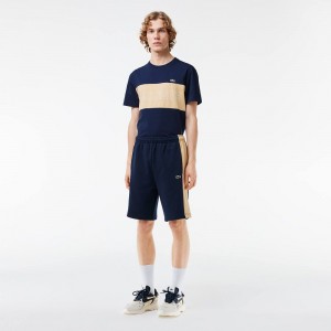 Men's Lacoste Colorblock Fleece Shorts Navy Blue Beige | SOM960514