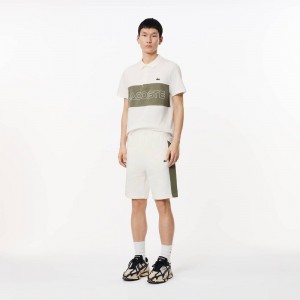 Men's Lacoste Colorblock Fleece Shorts White Khaki Green | DGY732986