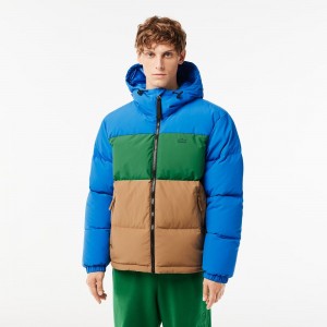 Men's Lacoste Colorblock Hooded Down Jackets Blue Green Brown | FCU852967