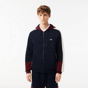 Men's Lacoste Colorblock Hoodie Navy Blue Bordeaux White | PBM081946