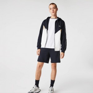 Men's Lacoste Colorblock Lettered Fleece Zip-Up Hoodie Navy Blue White Beige | SYB627540