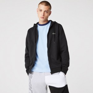 Men's Lacoste Colorblock Lettered Fleece Zip-Up Hoodie Black | XGZ218435