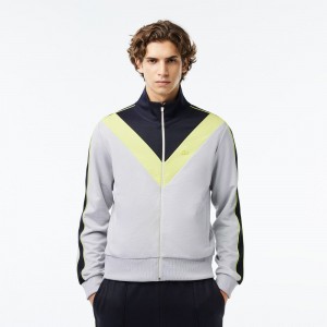 Men's Lacoste Colorblock Ripstop Piqué Zip-Up Sweatshirt Grey Navy Blue Flashy Yellow | BGI108235