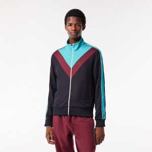 Men's Lacoste Colorblock Ripstop Piqué Zip-Up Sweatshirt Navy Blue Blue Bordeaux | JXN816425