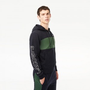 Men's Lacoste Colorblock Zip-Up Hoodie Navy Blue Dark Green | RUZ518207