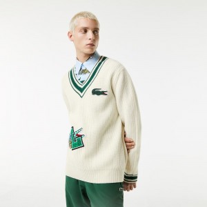 Men's Lacoste Comic Badge Sweater White Green | FEU867491