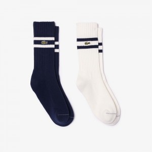 Men's Lacoste Constrast Stripes Ribbed Knit Socks Navy Blue White | HQM164302