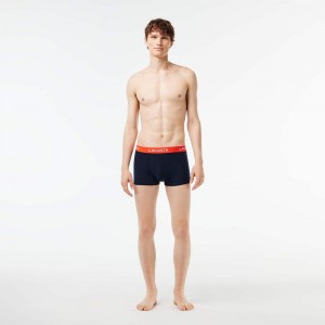 Men's Lacoste Constrast Waist 3-Pack Trunks Navy Blue Dark Green Orange Fushia Pink | QZE648290